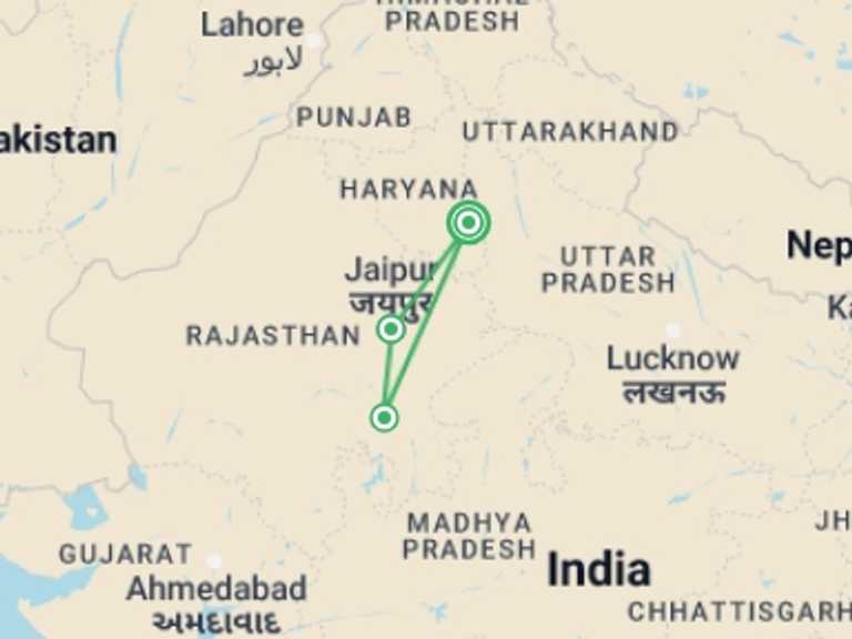 Map of a Train Tour with 3 destination visits for the trip: India Express