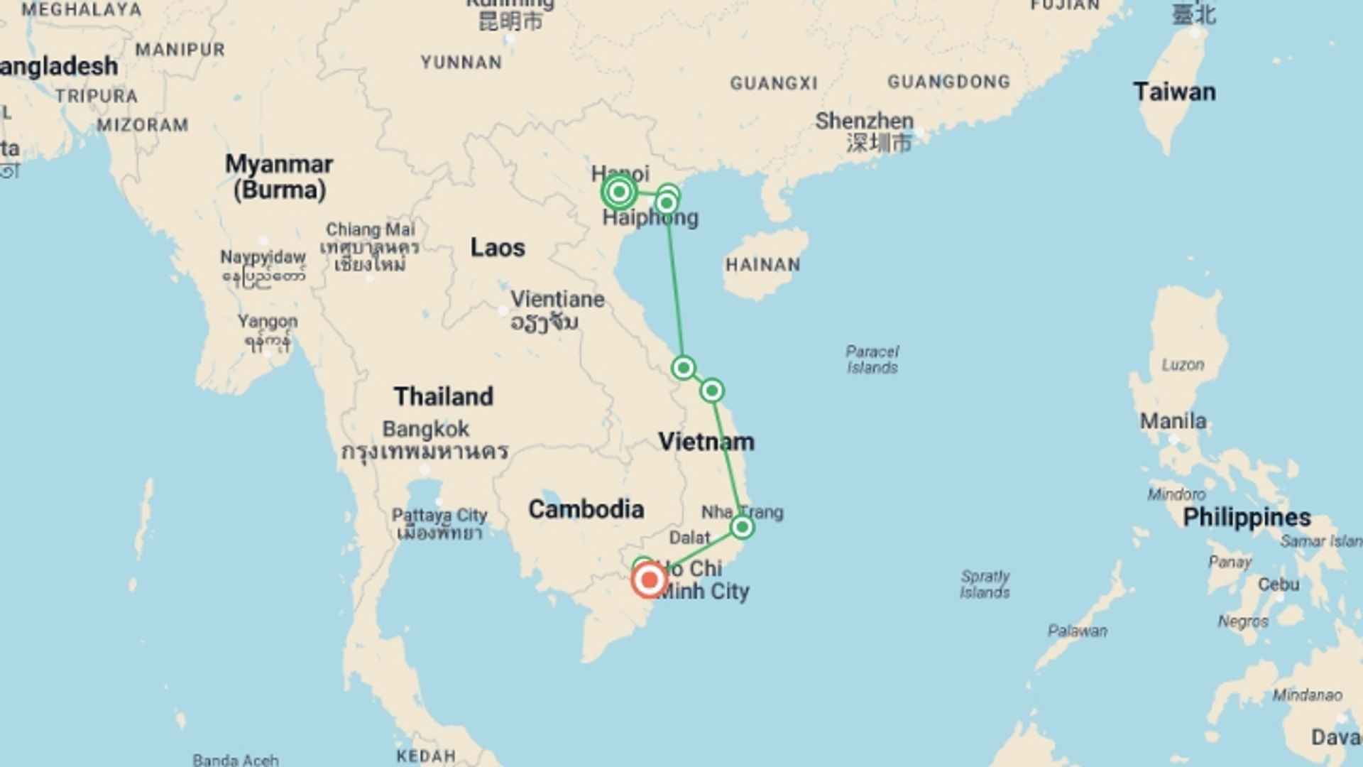 A map showing the tour itinerary for the trip: Vietnam Luxury Tour | Exotic Small‑group Experience, starting in Hà nội, Vietnam and ending in Ho Chi Minh City, Vietnam going through 7 other destinations.