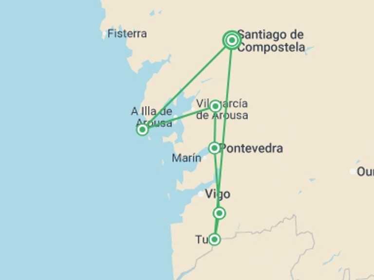 Map itinerary of Santiago De Compostela Tour in December 2025 with 6 destination visits for the trip: Camino de Santiago The Portuguese Way - 8 days