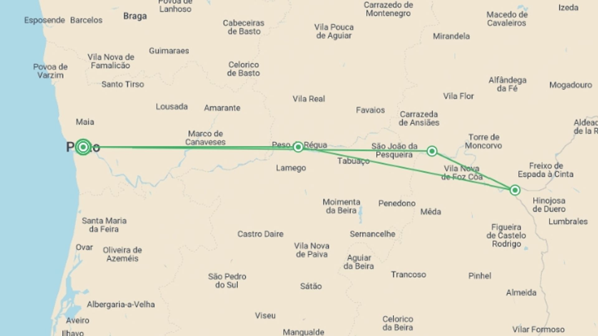 A map showing the tour itinerary for the trip: Porto, the Douro valley (Portugal) and Salamanca (Spain) 	(port-to-port cruise), starting in Porto, Portugal and ending in Porto, Portugal going through 3 other destinations.