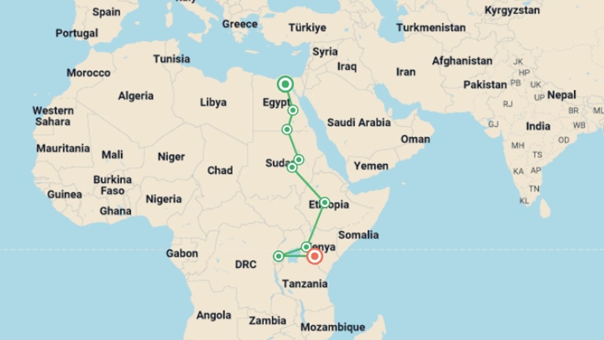 A map showing the tour itinerary for the trip: Cairo To Nairobi (64 Days) Nile Trans, starting in Cairo, Egypt and ending in Nairobi, Kenya going through 9 other destinations.