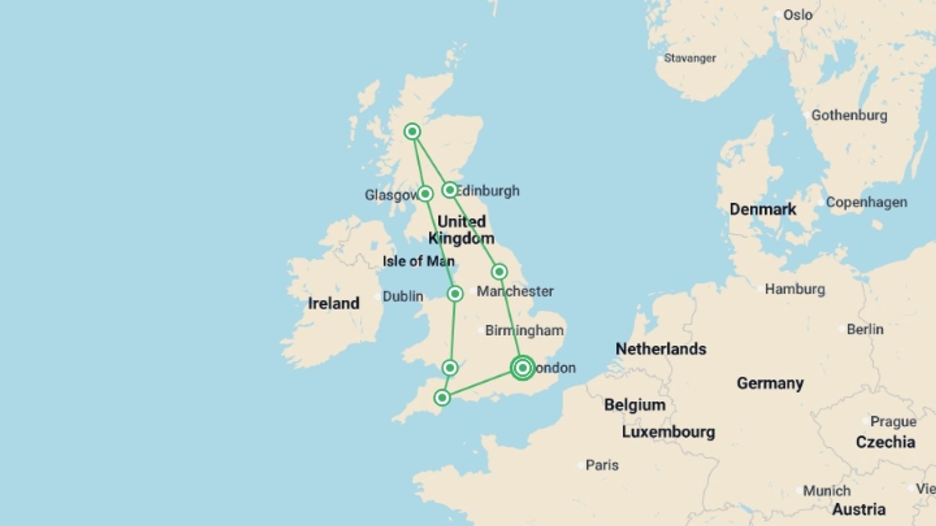 A map showing the tour itinerary for the trip: Best of Britain, starting in London, England and ending in London, England going through 7 other destinations.