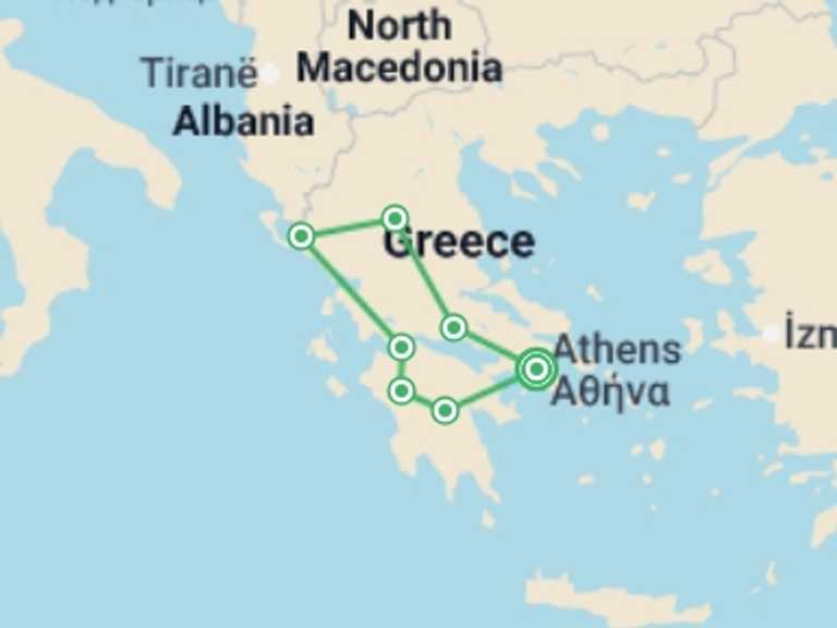 Map itinerary of Balkans Tour in December 2025 with 4 destination visits for the trip: Peloponnese and Meteoras