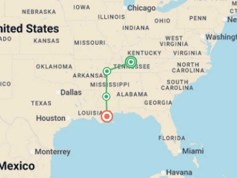 Map of New Orleans Tour with 4 destination visits for the trip: Soul of the Deep South