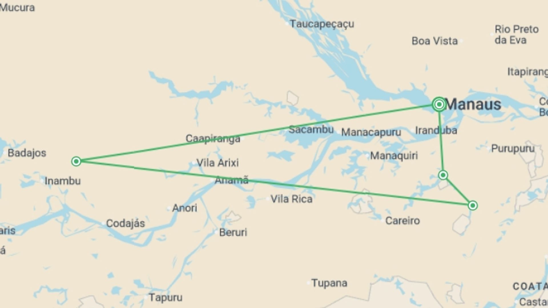 A map showing the tour itinerary for the trip: Manaus Amazon Express - 4 days, starting in Manaus, Brazil and ending in Manaus, Brazil going through 3 other destinations.