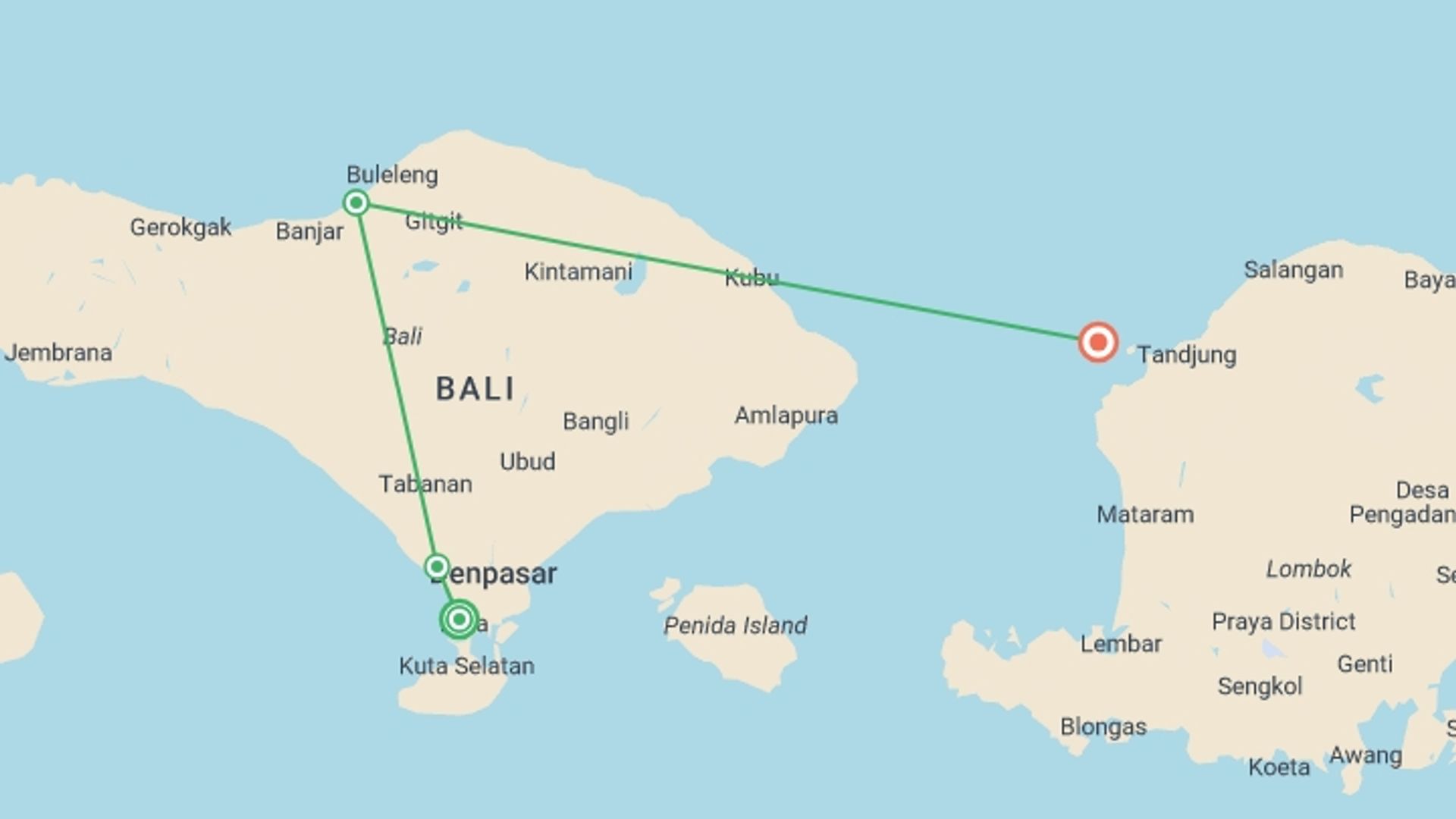 A map showing the tour itinerary for the trip: Bali Intro 9 day, starting in Kuta, Indonesia and ending in Gili Trawangan, Indonesia going through 2 other destinations.