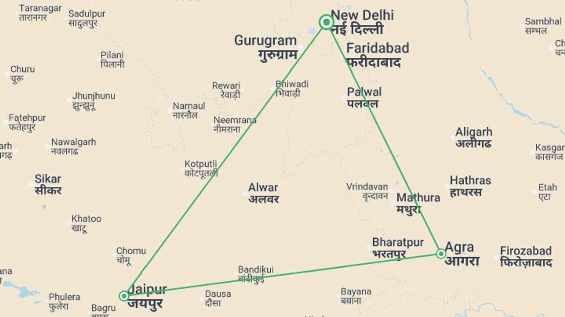 A map showing the tour itinerary for the trip: Delhi, Agra & Jaipur Express (3 Star) - 4 days, starting in New Delhi, India and ending in New Delhi, India going through 2 other destinations.