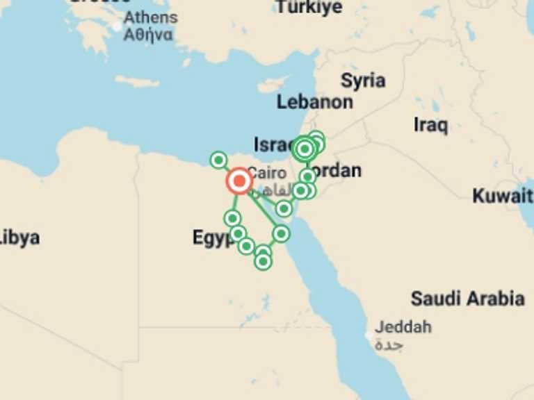 Map of Egypt and Israel Tour with 12 destination visits for the trip: All Jerusalem, Jordan and Egypt by land