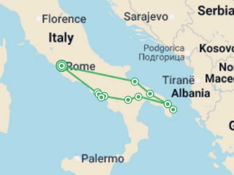 Map itinerary of Mediterranean Tour in October 2026 with 4 destination visits for the trip: Puglia, Pompeii & Amalfi - 6 days