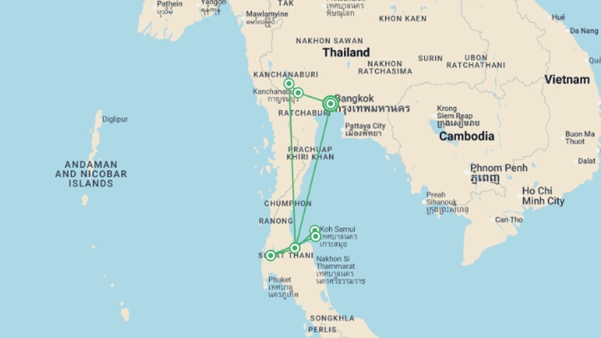 A map showing the tour itinerary for the trip: Thailand Family Adventure, starting in Bangkok, Thailand and ending in Bangkok, Thailand going through 6 other destinations.