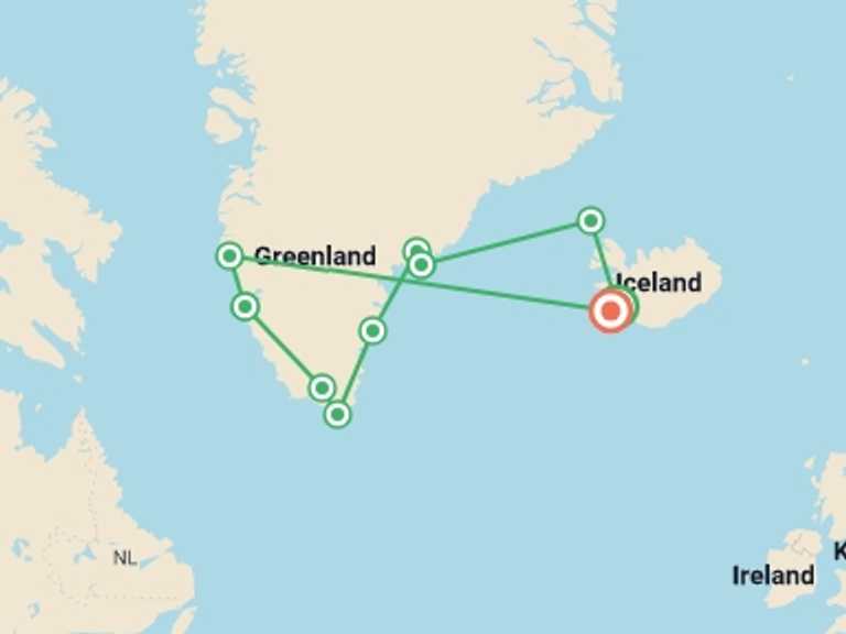 Map of Reykjavik Polar expeditions and cruise Tour with 11 destination visits for the trip: Greenland Encompassed - 12 days