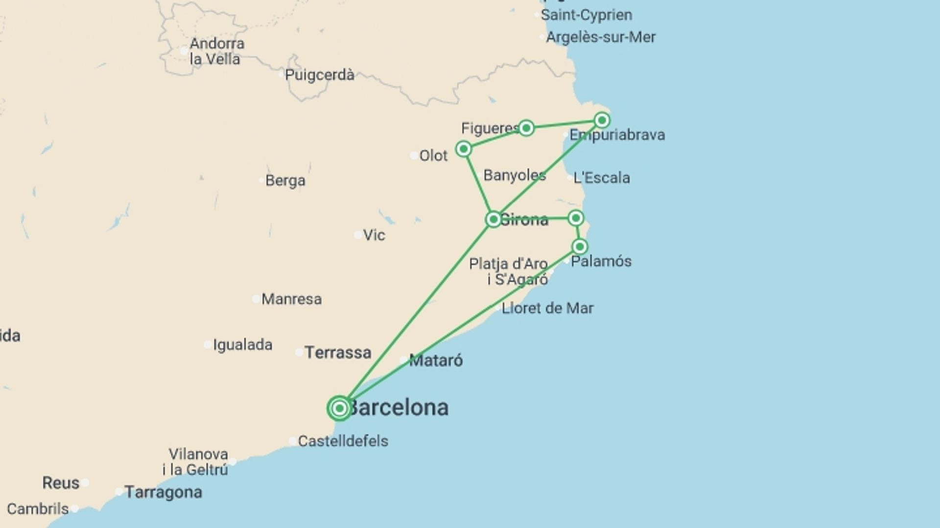 A map showing the tour itinerary for the trip: Captivating Catalonia - 3 days, starting in Barcelona, Spain and ending in Barcelona, Spain going through 1 other destinations.