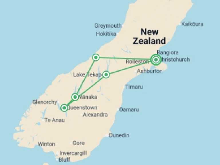 Map of Oceania Tour with 5 destination visits for the trip: Active New Zealand Reunion 35 to 45