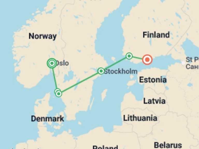 Map of Europe Cultural, religious and historic sites Tour with 7 destination visits for the trip: Best of Norway, Sweden & Finland