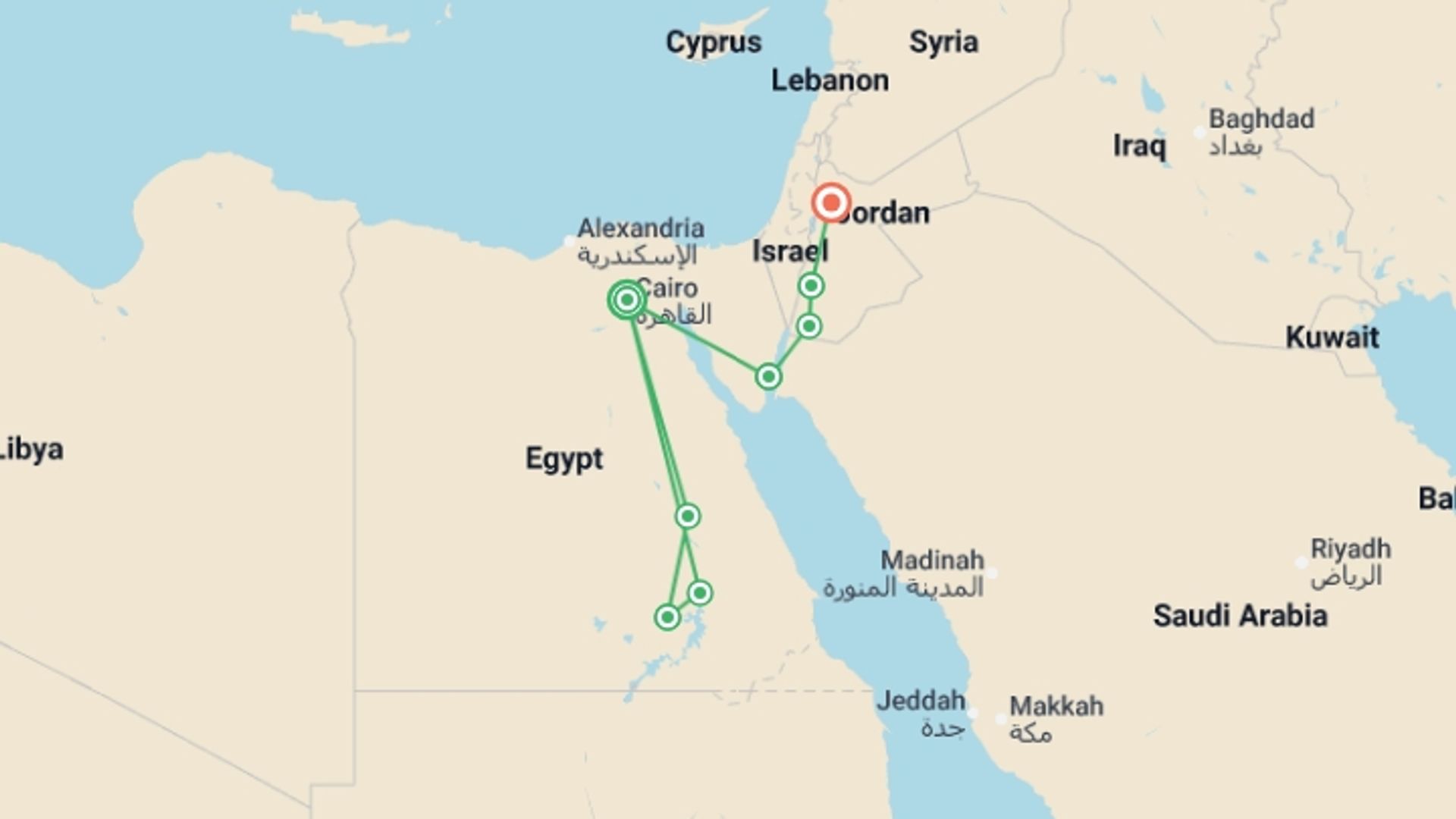 A map showing the tour itinerary for the trip: Egypt & Jordan Discovered By Nile Cruise  (5 & 4 Star Hotels), starting in Cairo, Egypt and ending in Amman, Jordan going through 6 other destinations.