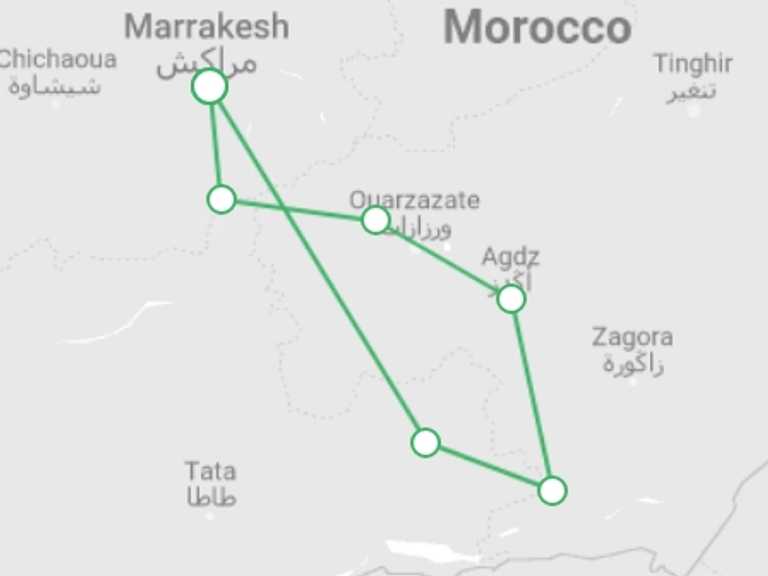 Map itinerary of North Africa Tour in Spring with 4 destination visits for the trip: 3 Days desert Tour Marrakech to Erg Chigaga