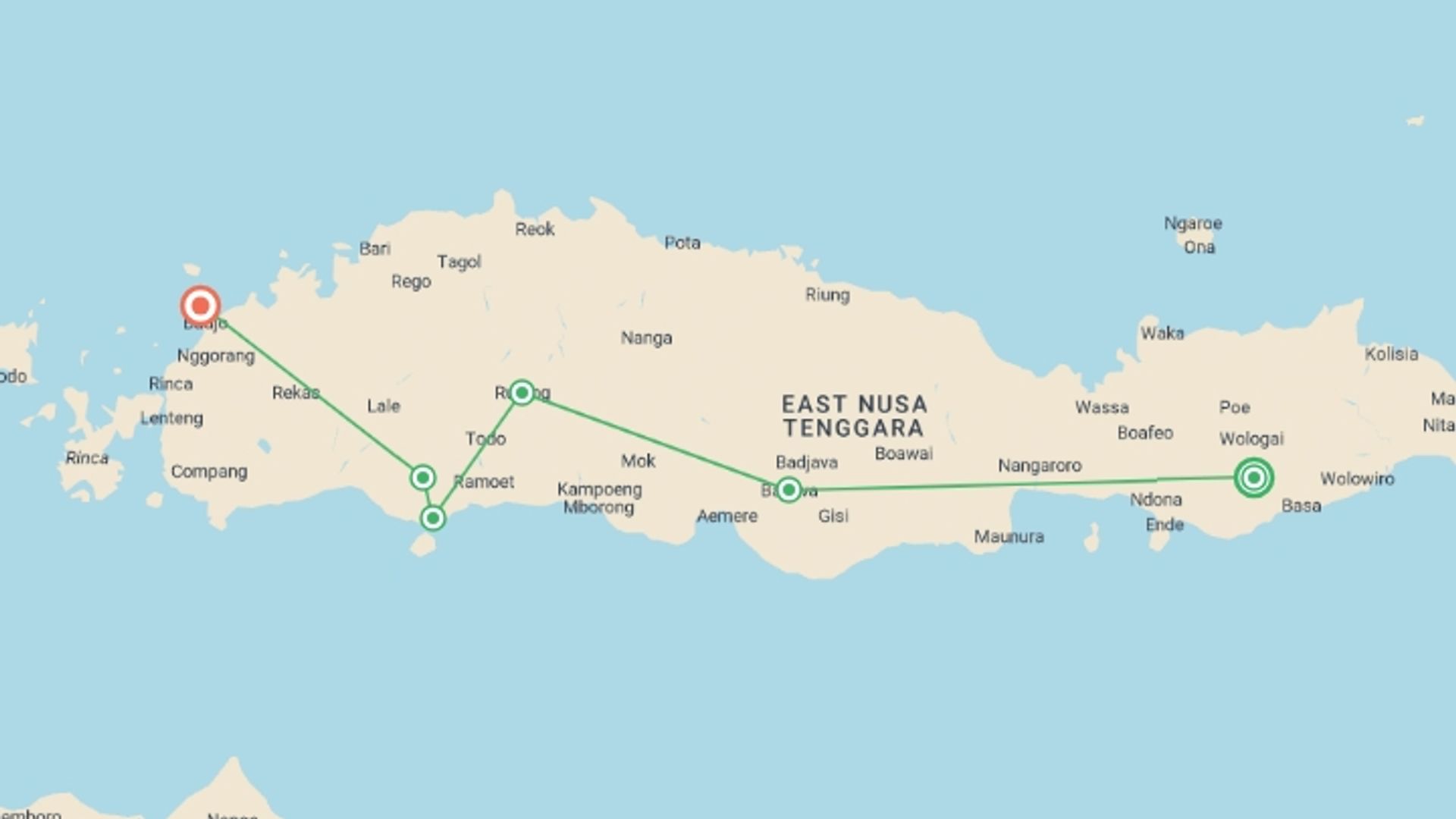 A map showing the tour itinerary for the trip: Komodo & Flores Adventure, starting in Kelimutu, Indonesia and ending in Labuan Bajo, Indonesia going through 5 other destinations.