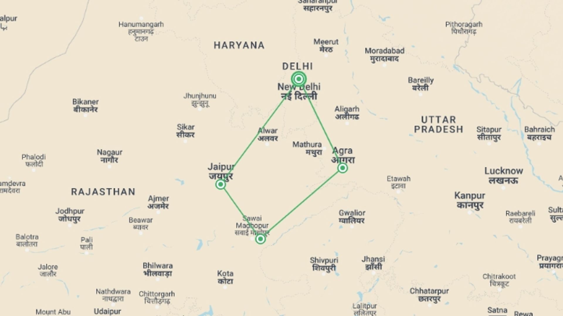 A map showing the tour itinerary for the trip: Taj Mahal Tour + Tiger Safari, starting in New Delhi, India and ending in New Delhi, India going through 3 other destinations.