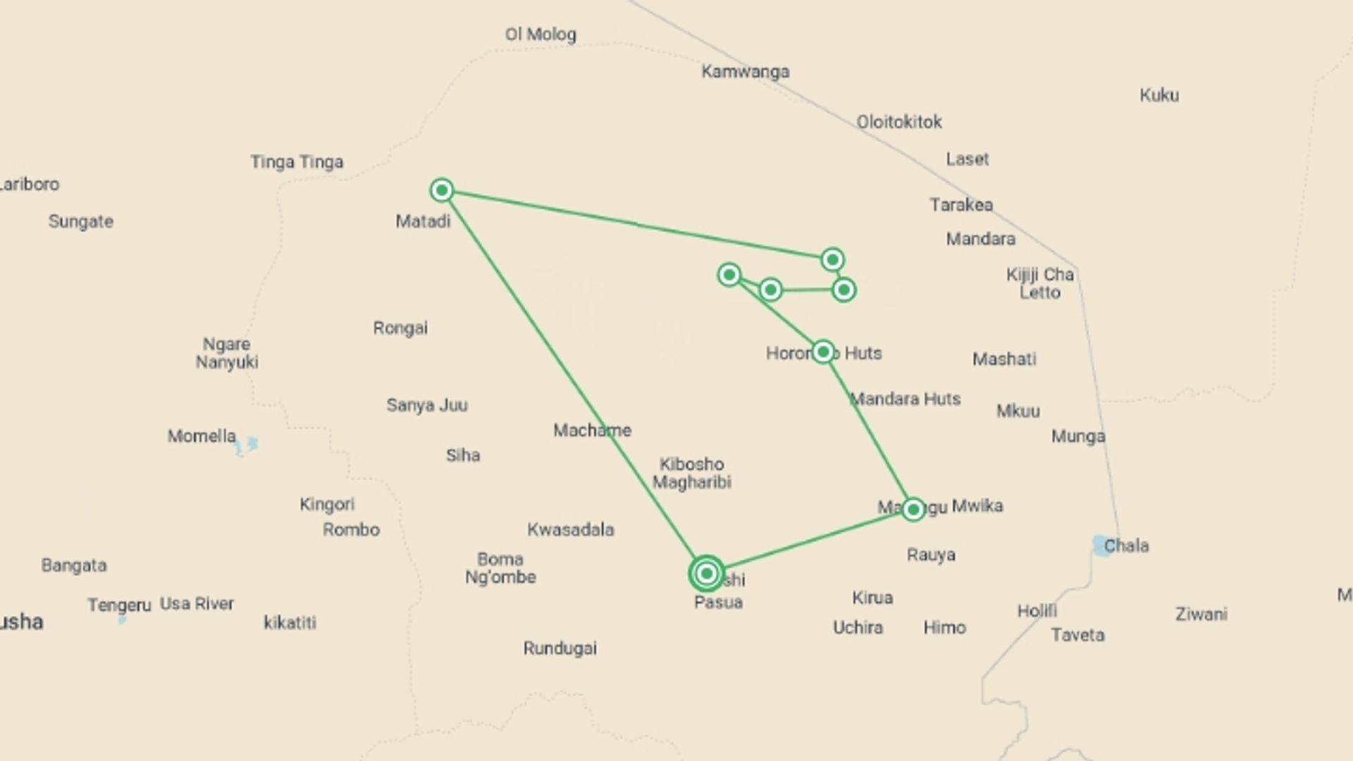 A map showing the tour itinerary for the trip: Mount Kilimanjaro Trekking 7 Days Rongai Route, starting in Moshi, Tanzania and ending in Moshi, Tanzania going through 7 other destinations.