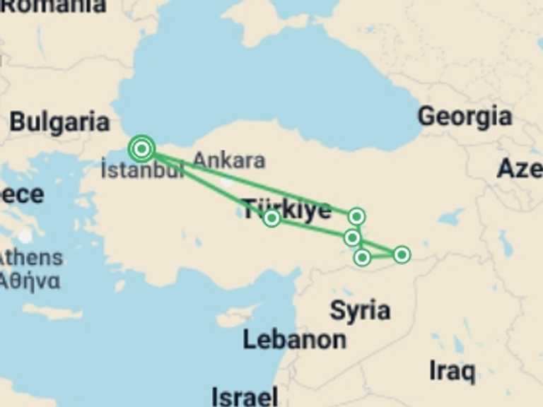 Map of Turkey Tour with 6 destination visits for the trip: 11-Day Guided Mesopotamia Tour from Istanbul