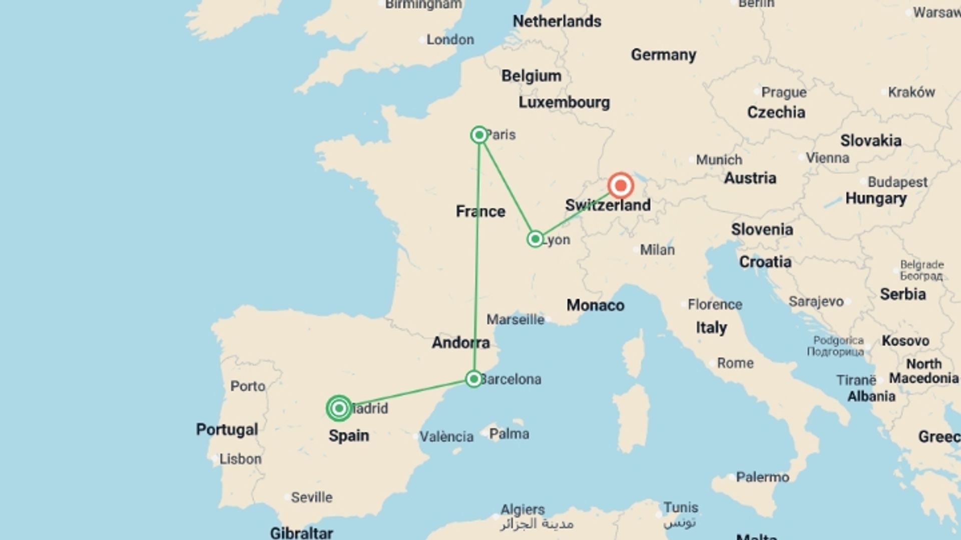 A map showing the tour itinerary for the trip: Spain, France and Switzerland GO, starting in Madrid, Spain and ending in Zurich, Switzerland going through 3 other destinations.