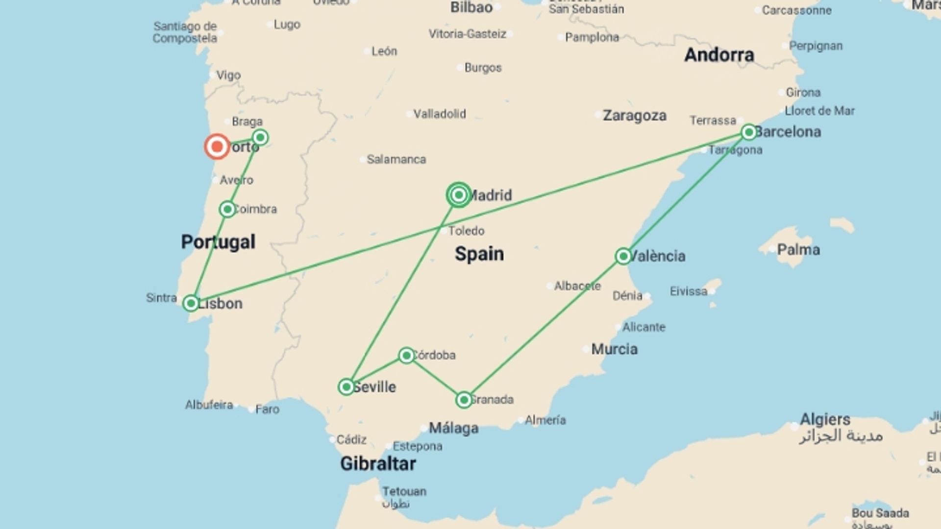A map showing the tour itinerary for the trip: Premium Spain & Portugal, starting in Madrid, Spain and ending in Porto, Portugal going through 8 other destinations.