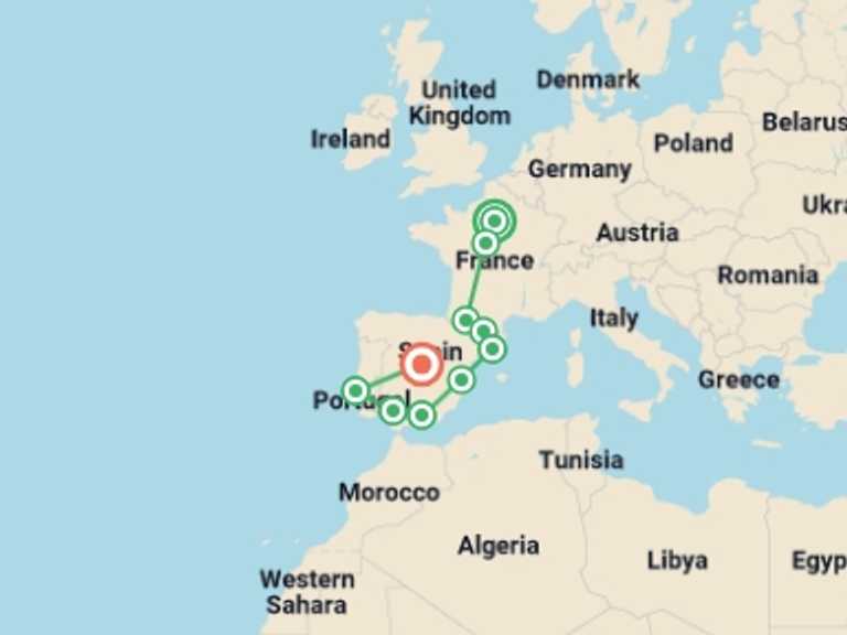 Map itinerary of Lisbon Tour in November 2026 with 10 destination visits for the trip: Paris Lourdes and Best of Spain and Portugal