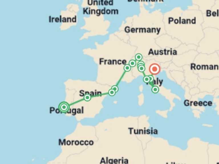 Map itinerary of Lisbon Tour in December 2025 with 11 destination visits for the trip: The South European Line