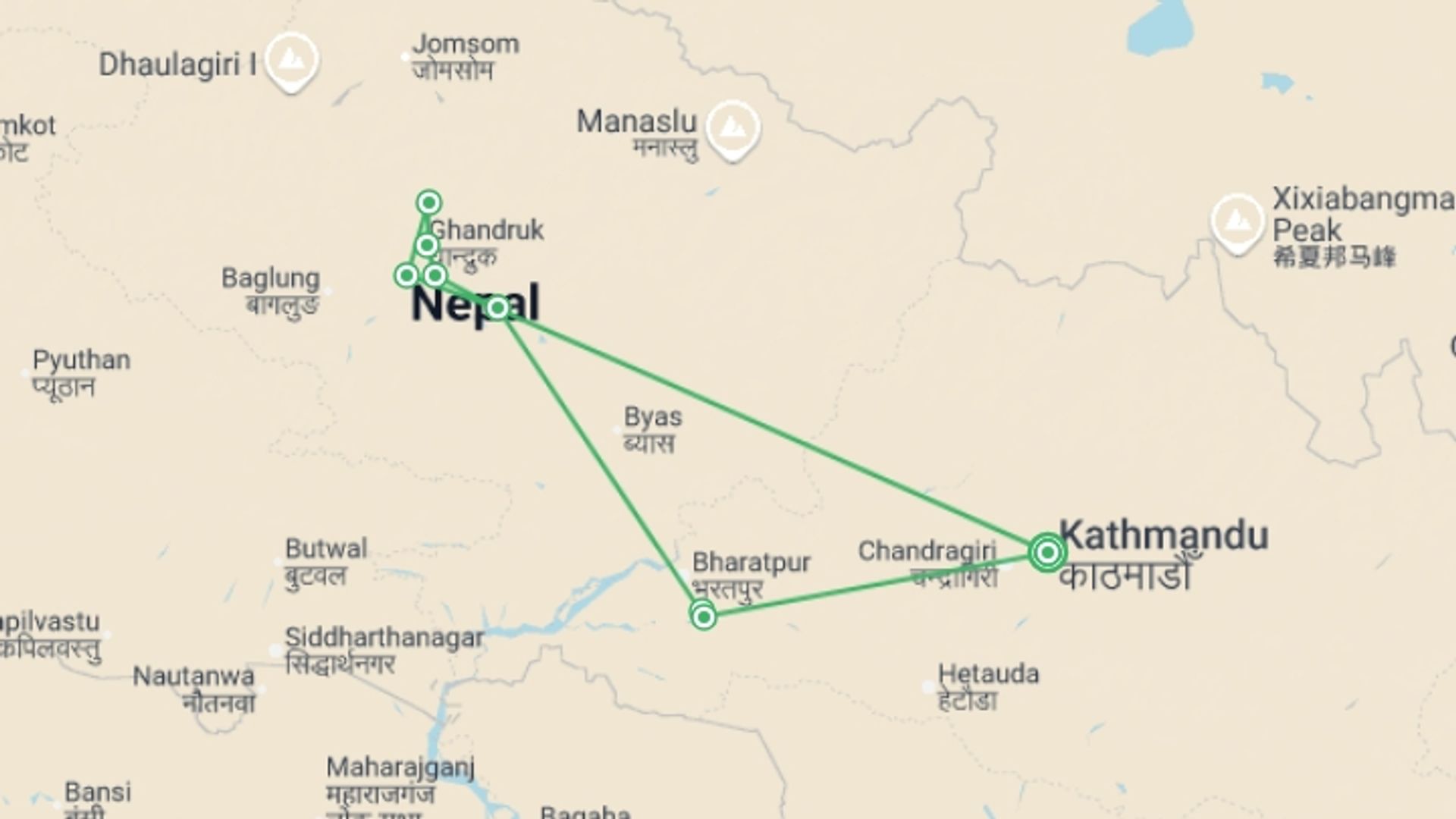 A map showing the tour itinerary for the trip: Annapurna Family Adventure in Comfort, starting in Kathmandu, Nepal and ending in Kathmandu, Nepal going through 6 other destinations.