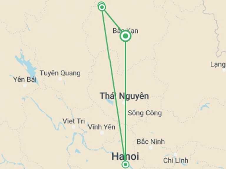 Map of Hanoi Active and outdoor Tour with 3 destination visits for the trip: Ba Be National Park Trekking & Caving 4 Days