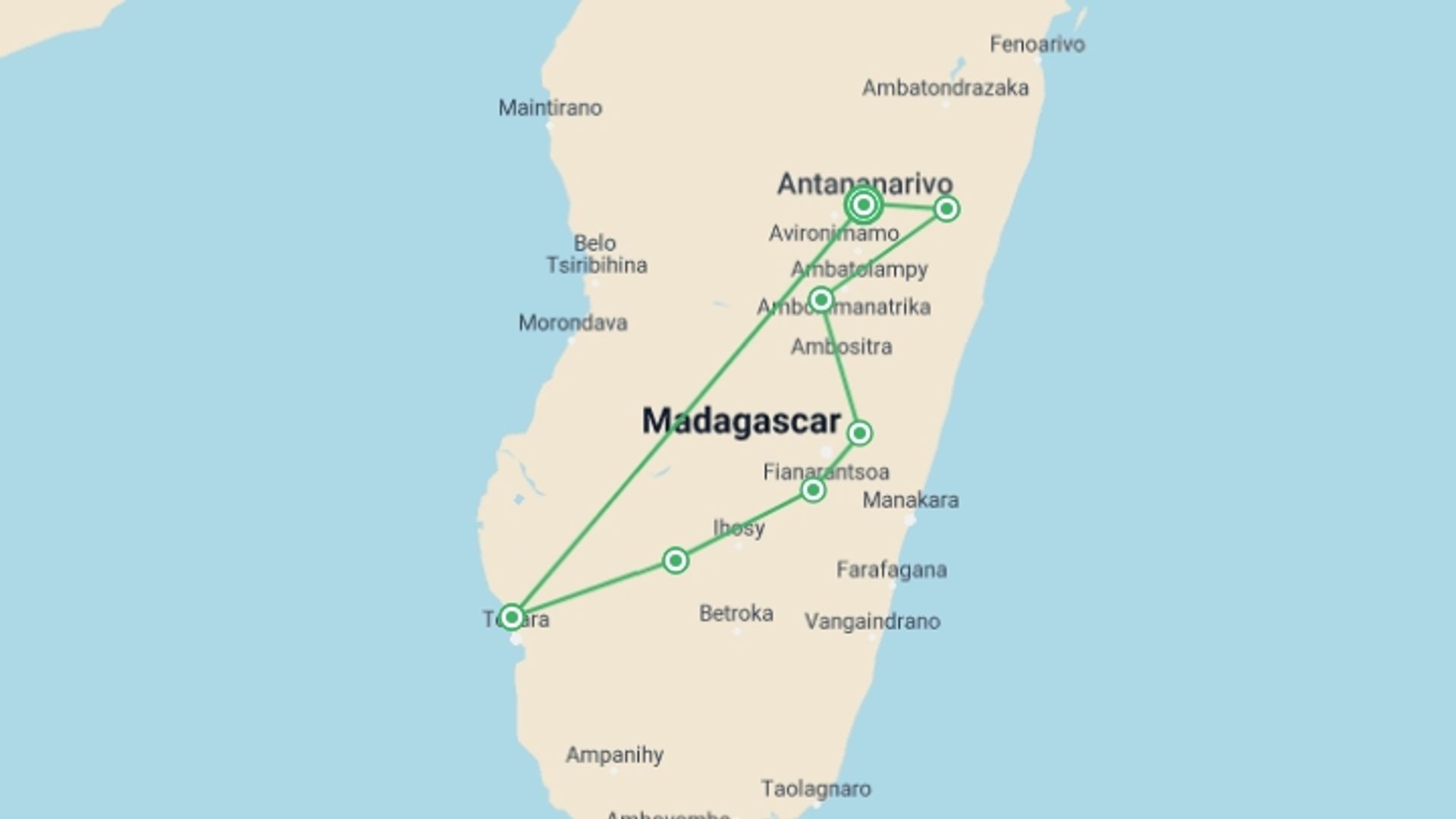 A map showing the tour itinerary for the trip: Highlights of Madagascar, starting in Antananarivo, Madagascar and ending in Antananarivo, Madagascar going through 6 other destinations.