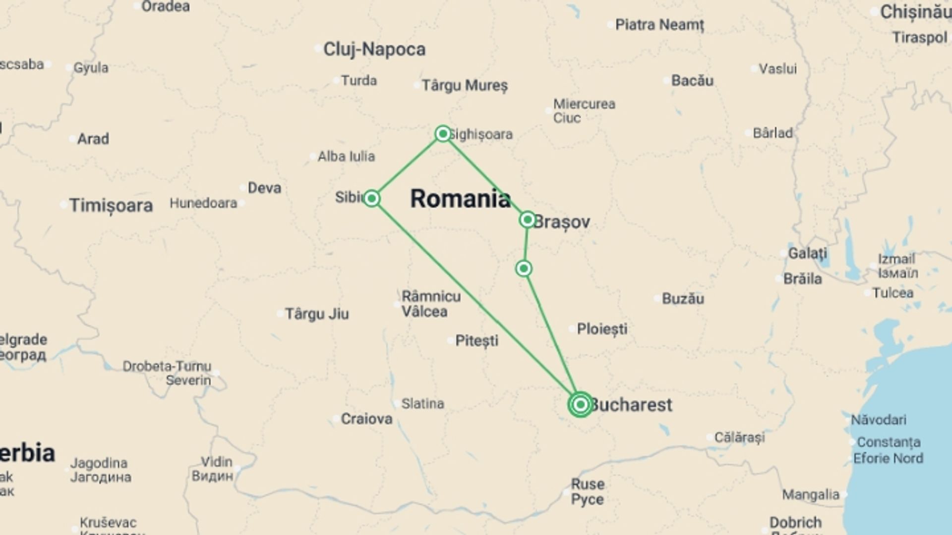 A map showing the tour itinerary for the trip: Best Of Transylvanian Christmas Markets, starting in Bucharest, Romania and ending in Bucharest, Romania going through 2 other destinations.