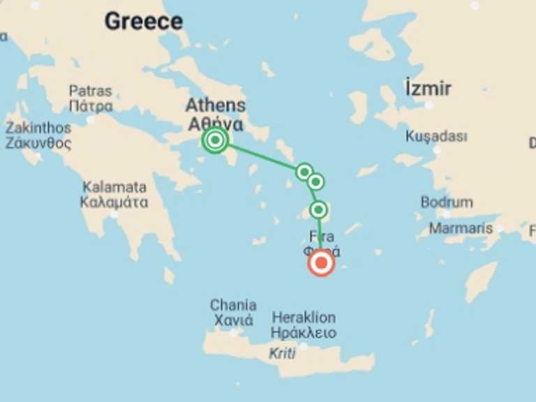 Map itinerary of Greece Tour in May 2027 with 5 destination visits for the trip: Highlights of the Greek Islands