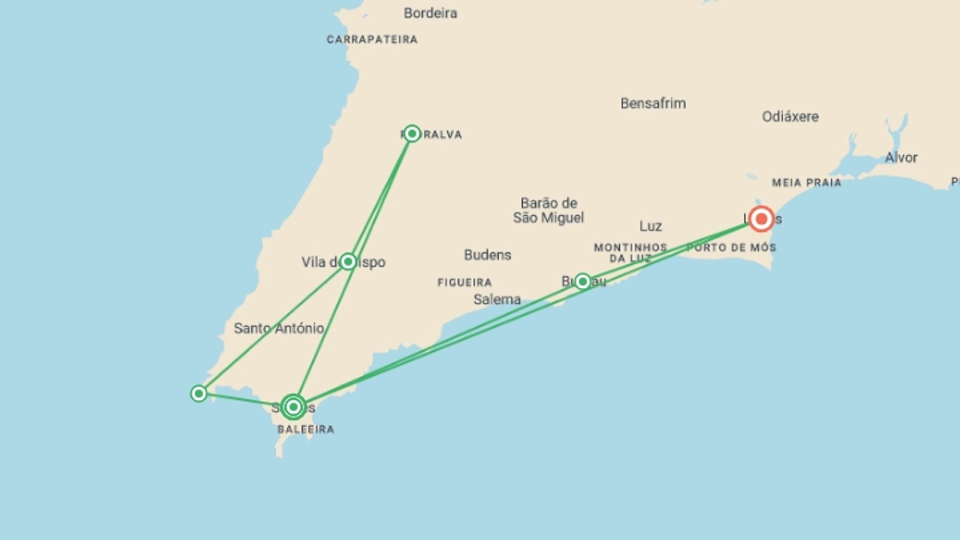 A map showing the tour itinerary for the trip: Walking the Algarve's South West, starting in Sagres, Portugal and ending in Lagos, Portugal going through 2 other destinations.