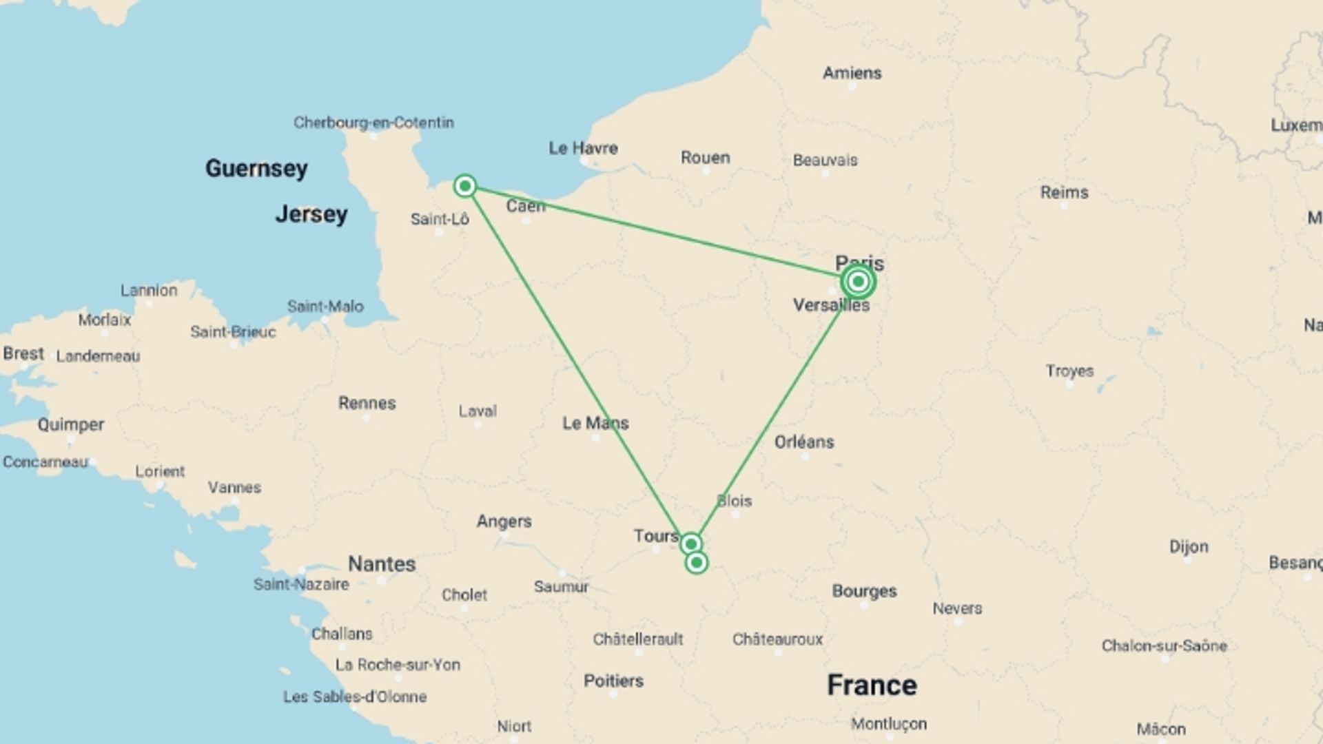 A map showing the tour itinerary for the trip: D-Day, Mont-Saint Michel and Loire Castle Tour, starting in Paris, France and ending in Paris, France going through 3 other destinations.