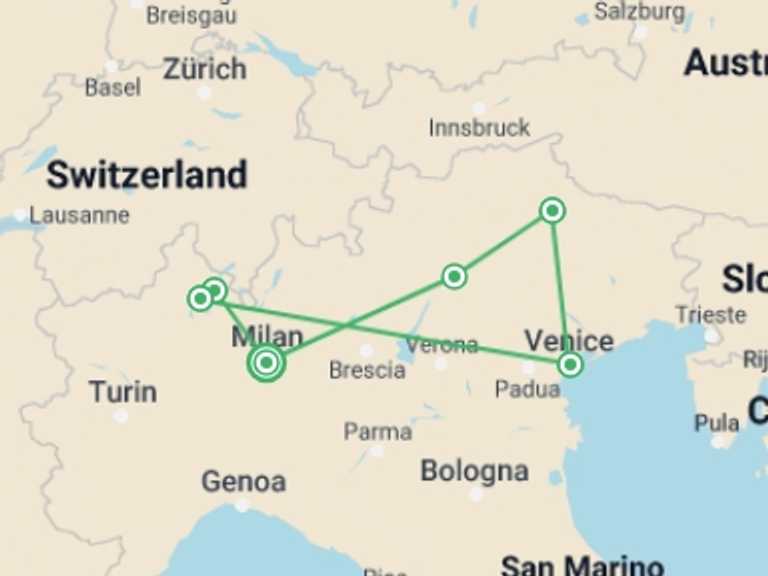 Map of Milan City sightseeing Tour with 6 destination visits for the trip: Country Roads of Northern Italy