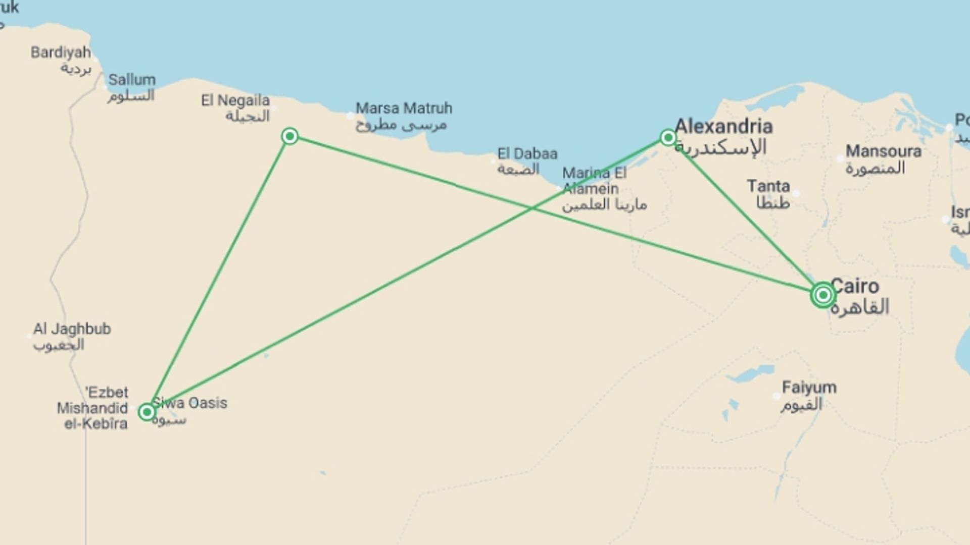 A map showing the tour itinerary for the trip: Siwa & Alexandria Discovery - 6 days, starting in Cairo, Egypt and ending in Cairo, Egypt going through 3 other destinations.