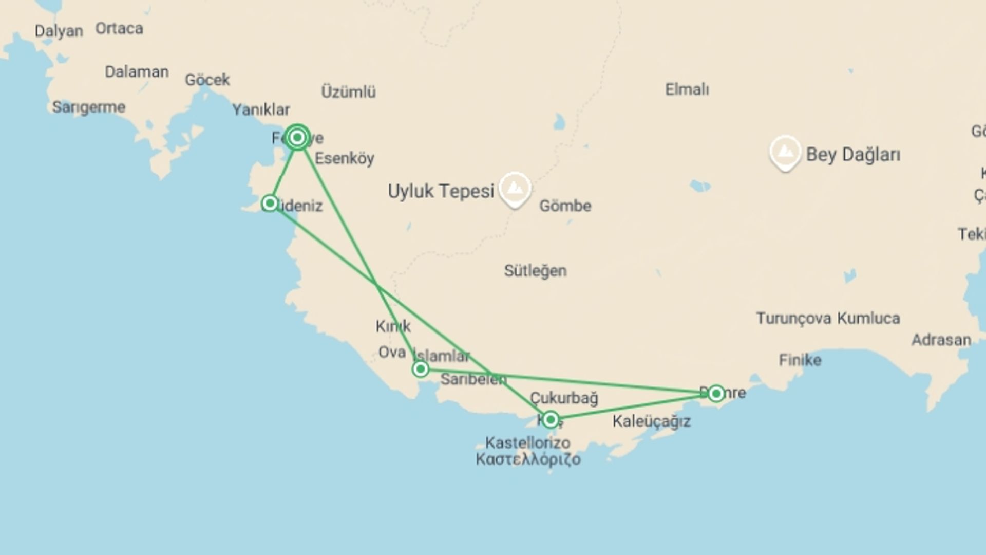 A map showing the tour itinerary for the trip: Sail Fethiye – Kekova – Fethiye, starting in Fethiye, Turkey and ending in Fethiye, Turkey going through 4 other destinations.