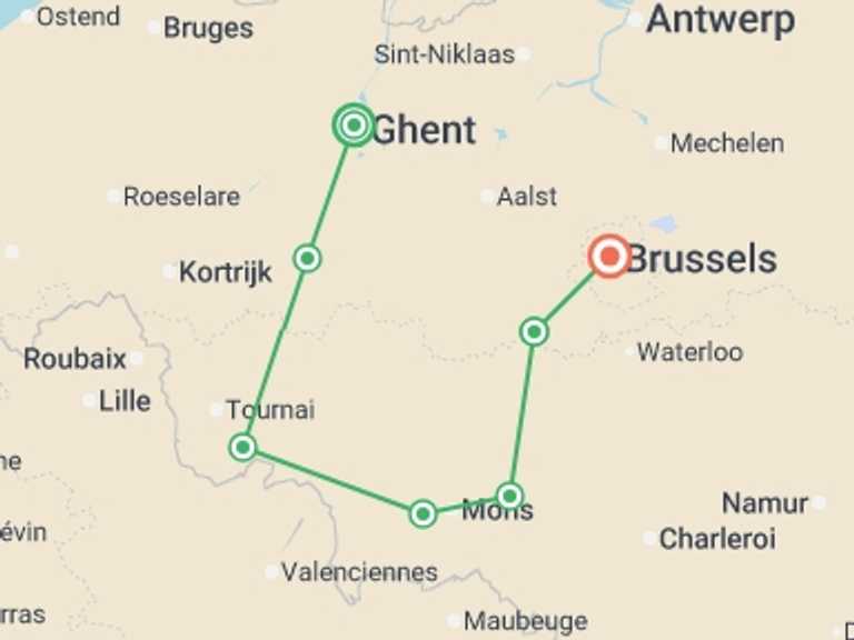 Map itinerary of Brussels Tour in July 2026 with 7 destination visits for the trip: Indulge in Art, Heritage, and Flavors on a Cruise along Belgian Canals (port-to-port cruise)