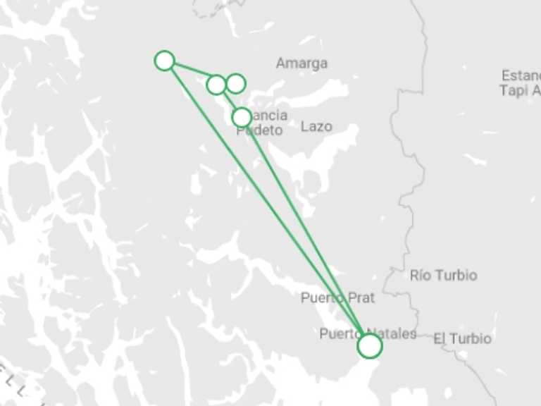 Map itinerary of Chile Tour in Fall with 5 destination visits for the trip: Express W Circuit in Torres del Paine