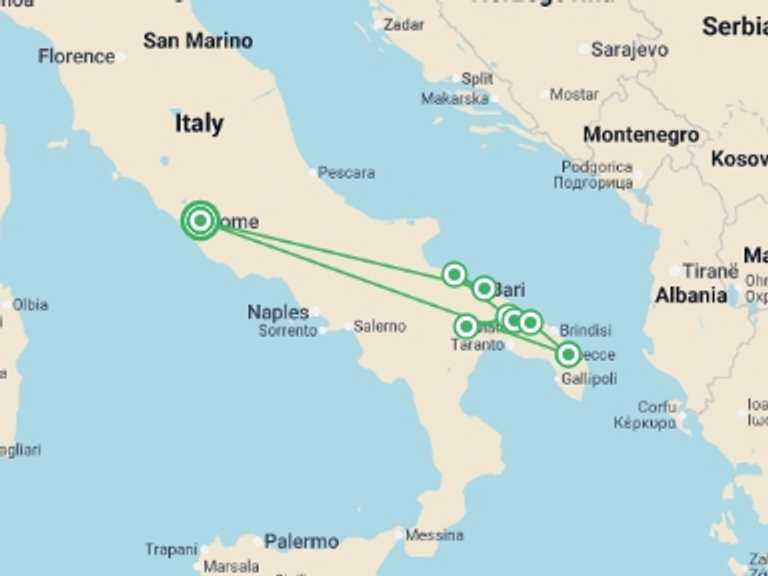 Map of 9-Day Rome Tour with 5 destination visits for the trip: Highlights of Puglia From Rome - 9 days