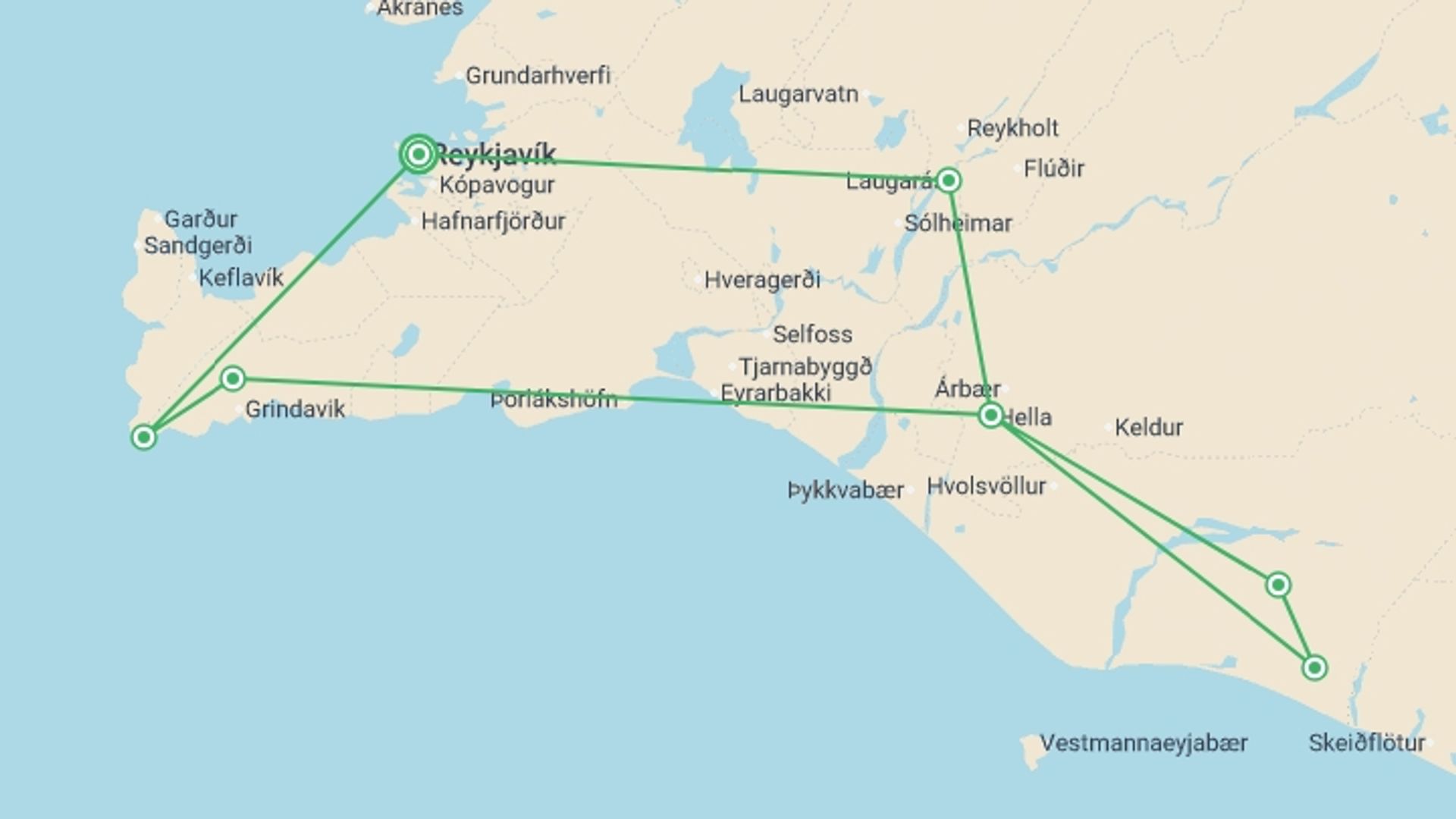 A map showing the tour itinerary for the trip: Christmas Land Of The Northern Lights - 5 days, starting in Reykjavik, Iceland and ending in Reykjavik, Iceland going through 1 other destinations.