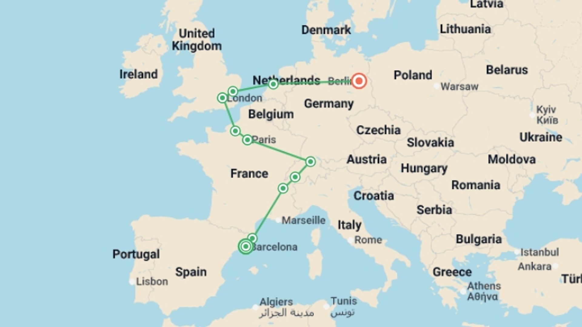 A map showing the tour itinerary for the trip: Wonderful Holidays end Berlin, starting in Barcelona, Spain and ending in Berlin, Germany going through 9 other destinations.