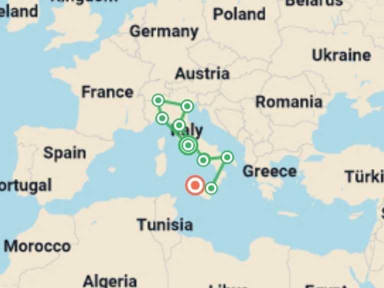 Map itinerary of Europe Tour in July 2026 with 10 destination visits for the trip: Grand Italy & Sicily