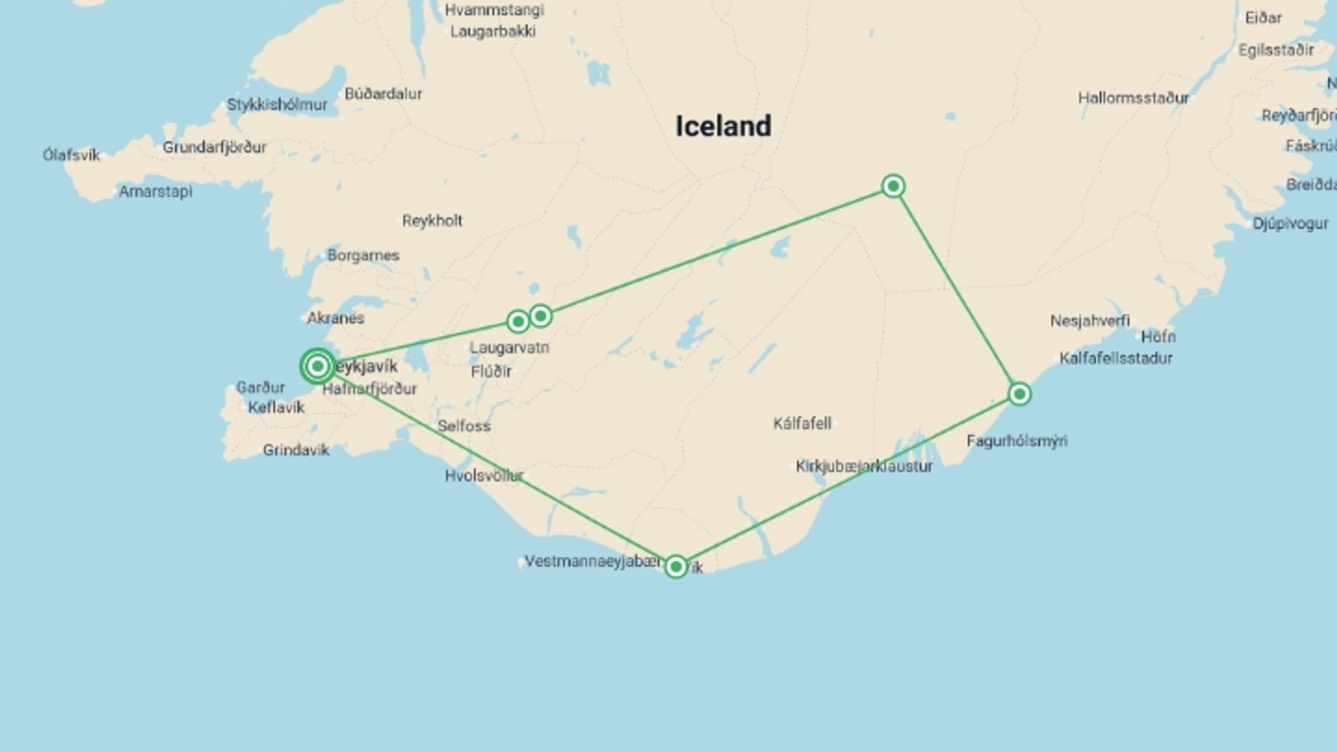 A map showing the tour itinerary for the trip: Private Icelandic Winter Family Adventure, starting in Reykjavik, Iceland and ending in Reykjavik, Iceland going through 5 other destinations.