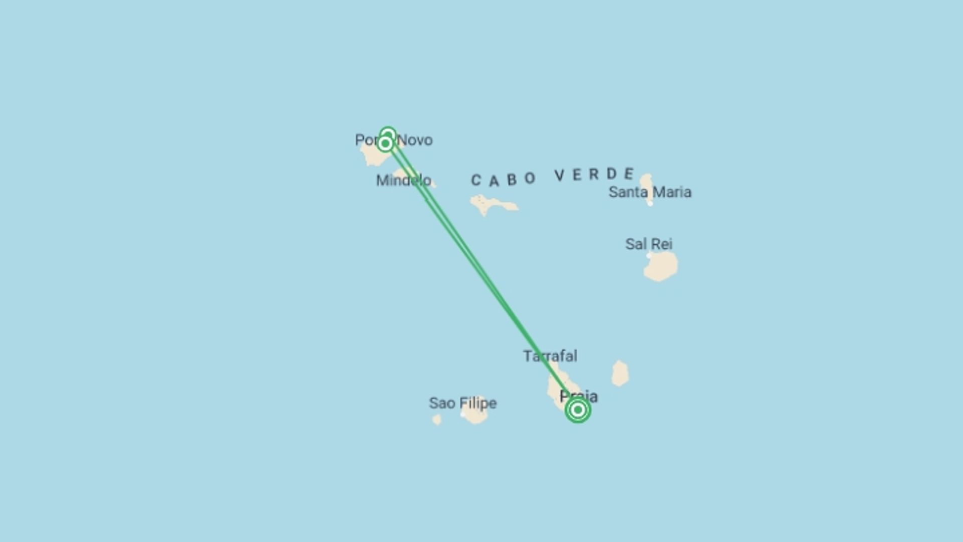 A map showing the tour itinerary for the trip: Cape Verde's Northern Islands - Privately Guided, starting in Praia, Cape verde and ending in Praia, Cape verde going through 2 other destinations.