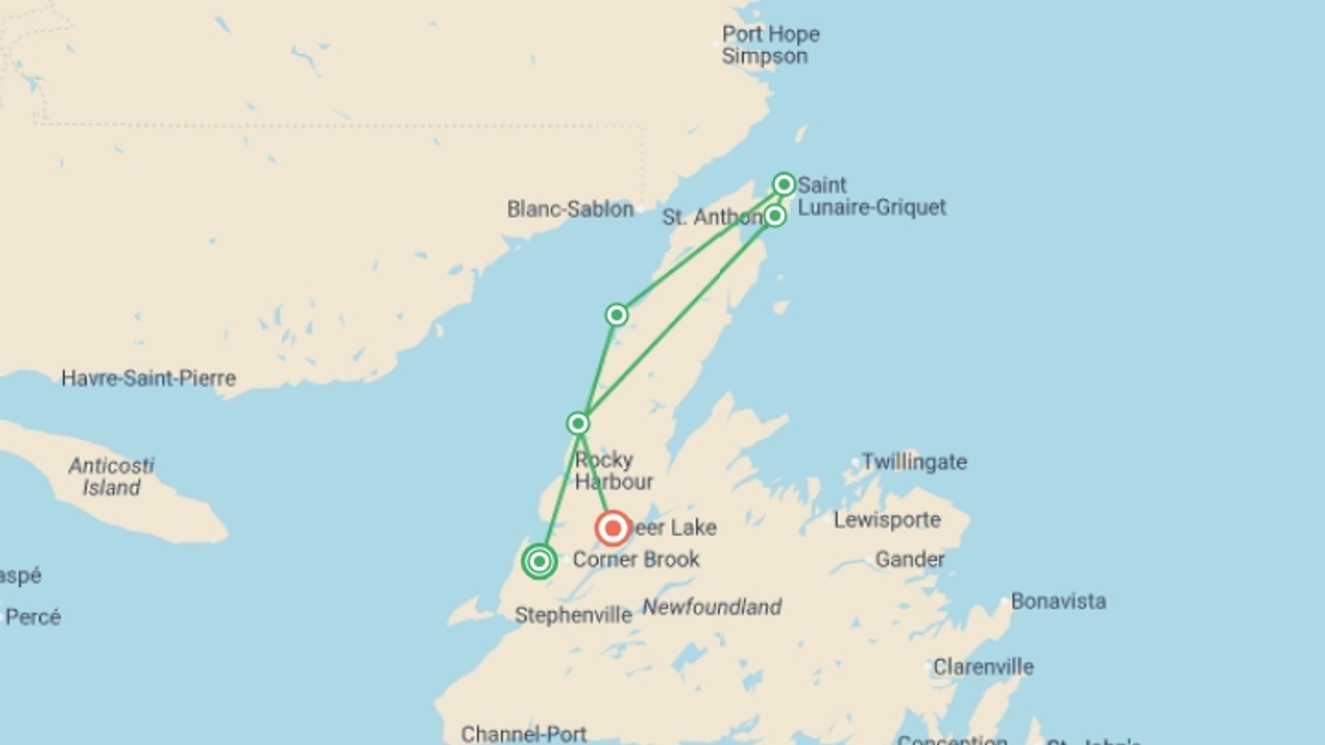 A map showing the tour itinerary for the trip: Newfoundland Viking Trail From Corner Brook (Small Group) - 7 days, starting in Corner Brook, Canada and ending in Deer Lake, Canada going through 5 other destinations.