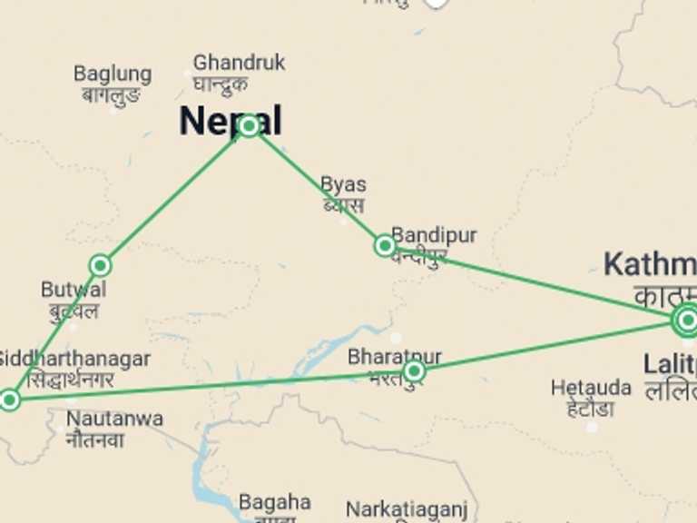 Map of Pokhara Wildlife safaris and game drives Tour with 6 destination visits for the trip: Nepal Highlights Round-Trip