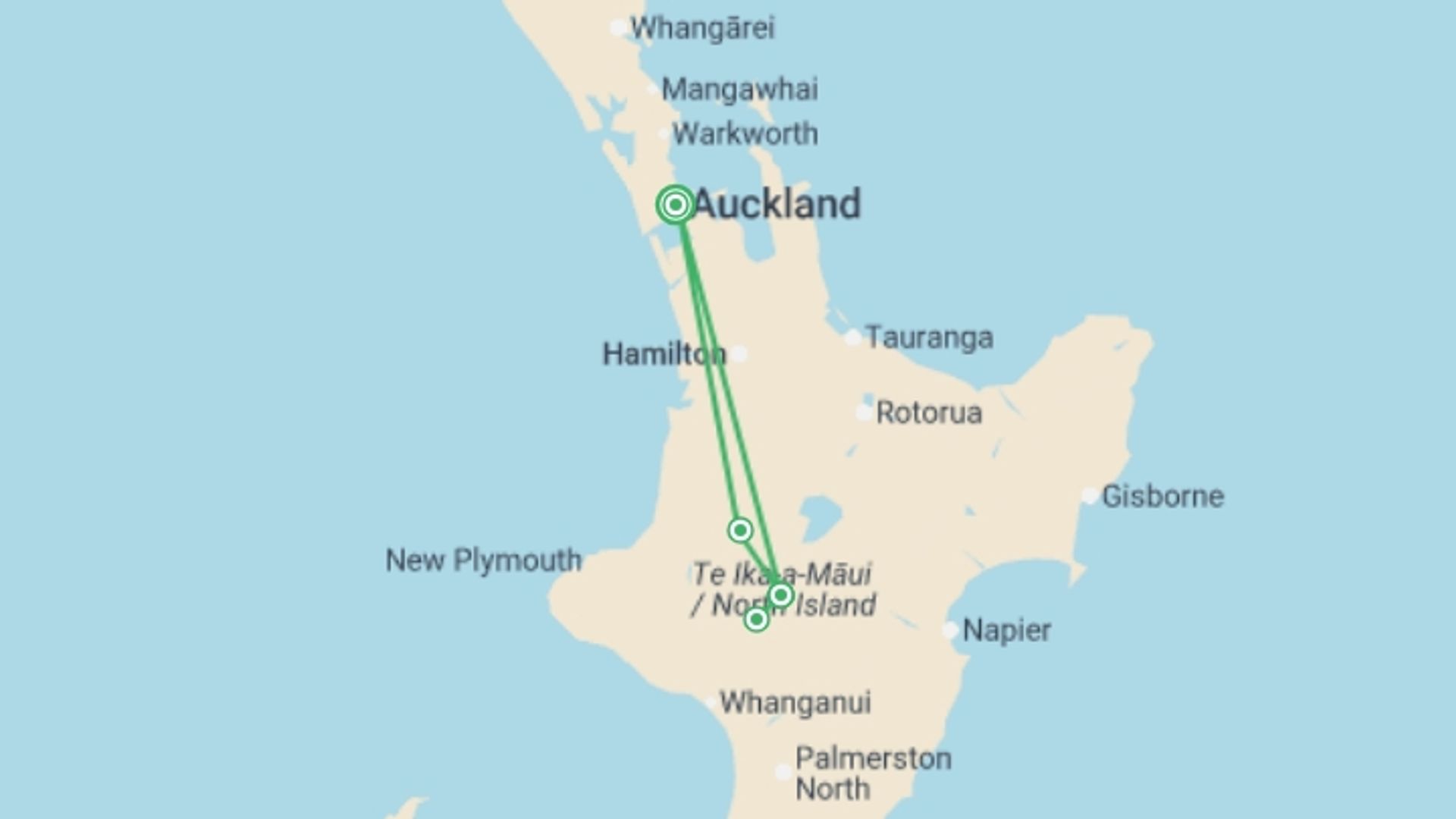 A map showing the tour itinerary for the trip: Walk New Zealand's Tongariro Crossing, starting in Auckland, New Zealand and ending in Auckland, New Zealand going through 1 other destinations.