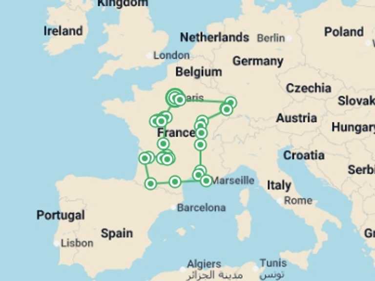 Map itinerary of France Tour in May 2026 with 10 destination visits for the trip: Enchanted France